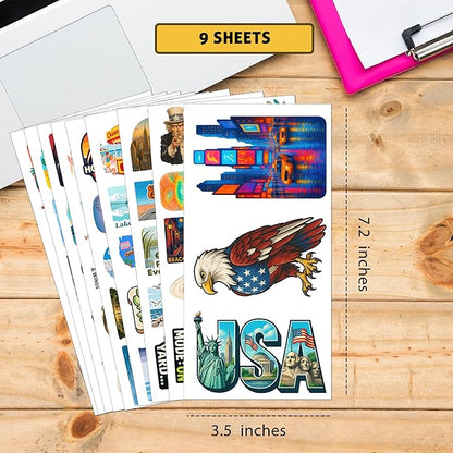 100 PCS USA Travel Stickers Pack – American Quotes, Food & Culture Vinyl Waterproof Decals for Laptop, Water Bottle, Scrapbook, Hard Hat, Car Gift for Kids, Teens, Adults