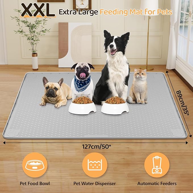 Dog Food Mat, Extra Large 50" x 35" Silicone Pet Feeding Mat with Raised Edge Pet Placemat for Small, Medium, and Large Pets Non-Slip, Easy to Clean (Grey)-Mewly Pet