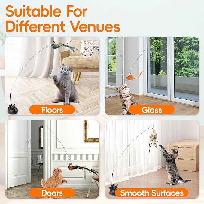 Interactive Bird Simulation Cat Feather Toy Set Cat Retractable Wand Toys Suction Cups Base,Include Detachable 7 Pcs Replacements Feathers Toys-Mewly Pet