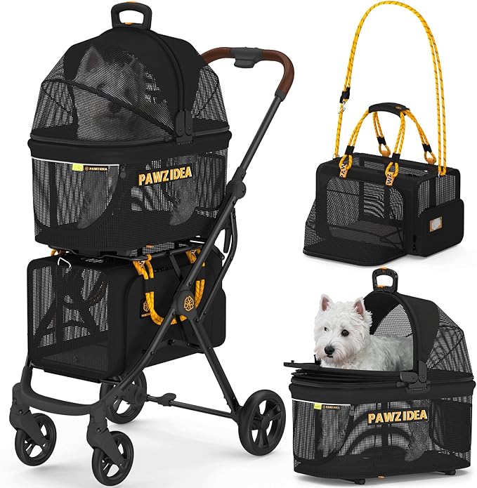 PAWZIDEA Double Pet Stroller with 2 Detachable Carriers, Portable Dog Crate for Car Travel & TSA-Approved Expandable Cat Carrier, Foldable Lightweight Jogger Stroller for 2–4 Cats or Small/Medium Dogs-Mewly Pet