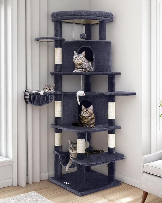 Globlazer Corner Cat Tree for Large Cats, 66inch Tall Curved Series Large Cat Tower for Multiple Indoor Cats with 6 Scratching Posts, 2 Spacious Cat Condos, Hammock, Hanging Basket, C66, Dark Grey-Mewly Pet