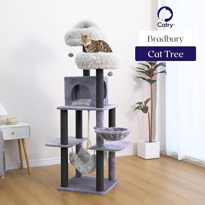 Catry Bradbury 7-Level 62.5” Modern Cat Tree with Replaceable Scratching Posts,Big Condo,Two Washable Beds, Two Hammocks,Quick Assembly, for Multi-Cat Homes(Cloud Gray)-Mewly Pet