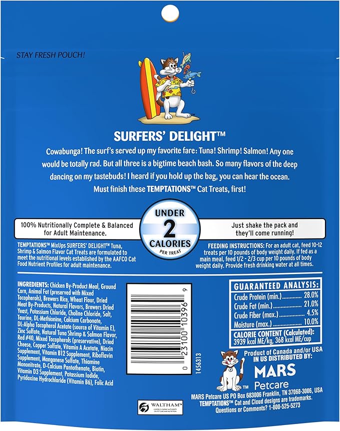 Temptations MixUps Surfer's Delight Flavor Crunchy and Soft Cat Treats, 6.3 oz. Pouch (Pack of 10)-Mewly Pet