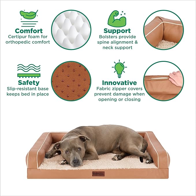 FurHaven Orthopedic Dog Sofa Bed – Memory Foam Couch with Bolsters, Textured Plush & Water-Resistant Cover, Washable Cover, Joint Support - Camel, Large-Mewly Pet