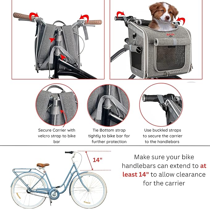 Dog Bike Basket, Expandable Soft-Sided Reflective Pet Carrier Backpack with 4 Open Doors, 4 Mesh Windows for Medium Small Dog Cat Puppies (Grey)-Mewly Pet