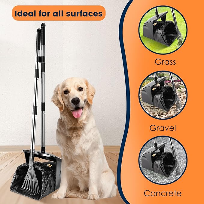 Pooper Scooper for Large Dogs Heavy Duty Swivel Bin & Rake with 20 Waste Bag for Large Medium Small Dogs, Easy to Clean Pet Waste Use on Grass, Dirt, Gravel or Flats-Mewly Pet