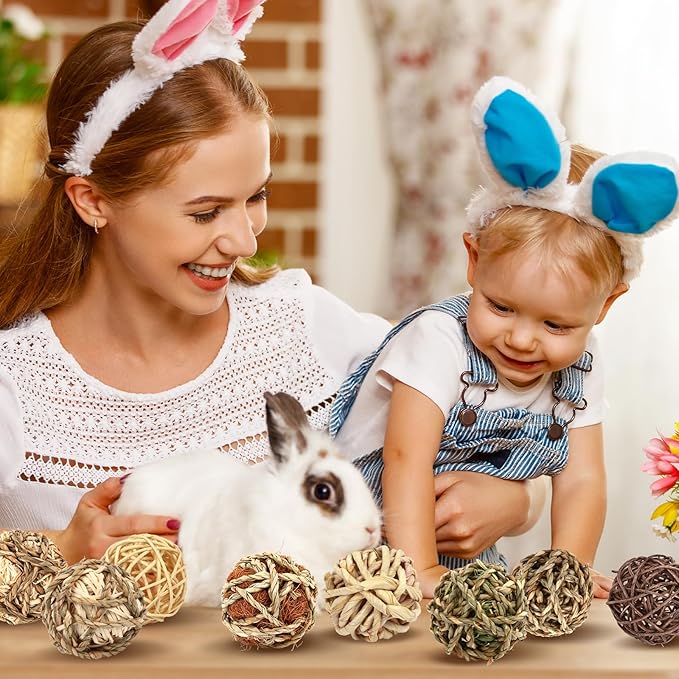 VESPRO Bunny Chew Grass Balls, (8 Pcs) Rolling Chew Toys for Small Animals, Natural Chew Grass Toys and Bunny Treats for Rabbits, Guinea Pigs, Chinchillas, Hamsters, Mice Teeth Grinding-Mewly Pet