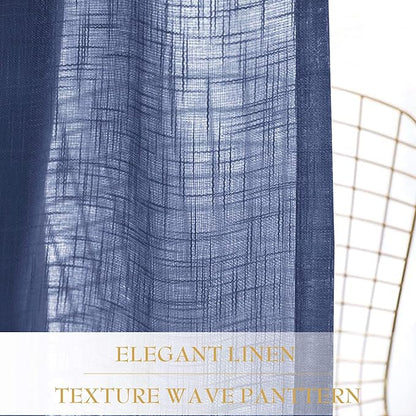 RYB Home Linen Sheer Curtains - Grommet Semi Sheer Privacy Farmhouse Curtain Panels for Bedroom Office Living Room, W 52 inch x L 45 inch, 2 Pcs, Navy Blue