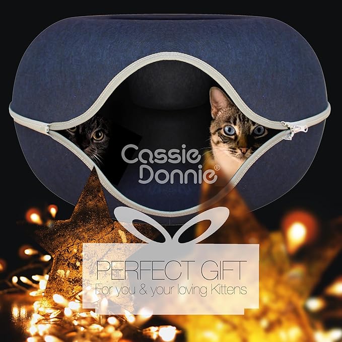 Cat Tunnel Bed for Indoor Cats, Medium Large, Donut Cave House up to 22 Lbs, Spacious for 2 Kittens (Dark Blue)-Mewly Pet