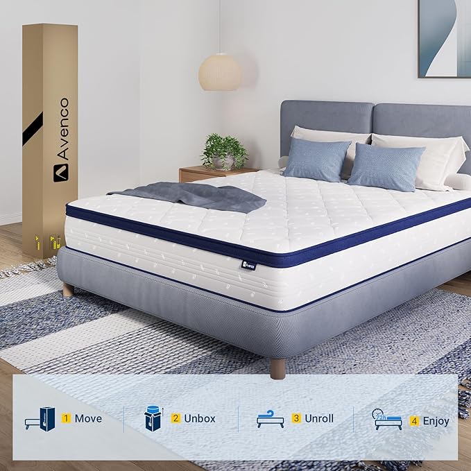 Avenco 14 Inch Queen Mattresses in a Box, Hybrid Queen Size Mattresses with Comfort Foam and Pocket Coils for Pressure Relief & Motion Isolation