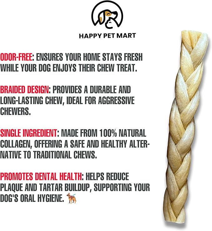 Odor-Free Super Braided Collagen Dog Chews (10-Inch). - Long-Lasting Bully Stick & Rawhide Alternative, Single Ingredient Chew Treat for Aggressive Chewers (Pack of 20)-Mewly Pet