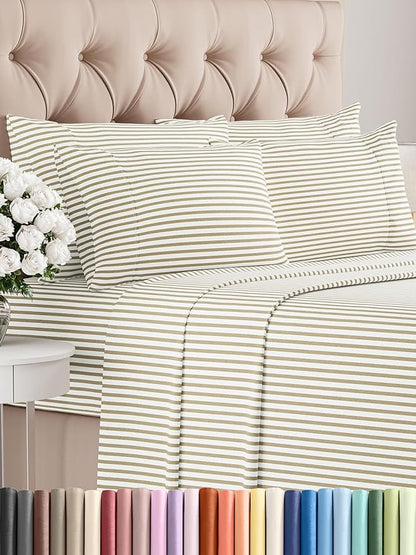Full 6 Piece Sheet Set - Comfy Breathable & Cooling - Soft Hotel Luxury Bedding Set with 8-16 Inch Deep Pockets - 1 Flat & 1 Fitted Sheet & 4 Pillowcases - Wrinkle Free & Easy Care - Beige Stripes 2