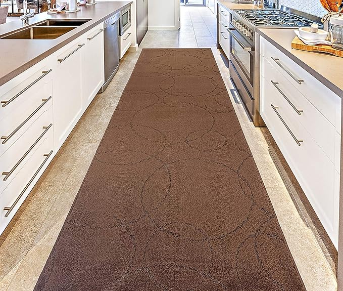 Custom Size Modern Geometric Pattern Carpet Runner Rug for Hallways, Slip Resistant Latex Rubber Backed, 31 inch Wide X Customized Length, Circles Brown, 31 inch X 19 feet