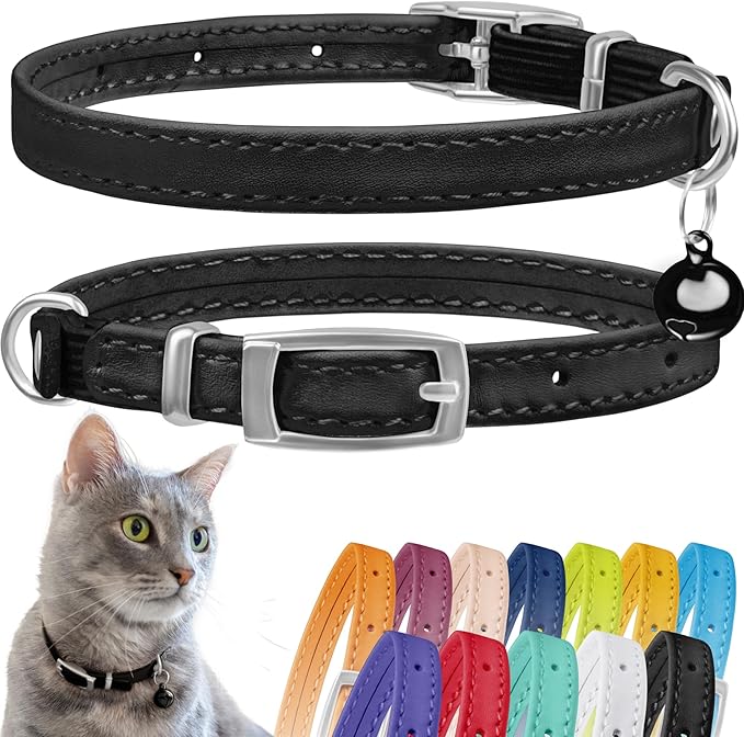 CollarDirect Leather Cat Collar with Bell - Kitten Collar, Small and Big Cat Strap for Boy Cats, Girl Cats with Safety Elastic Strap (Neck Fit 8"-11", Black)-Mewly Pet