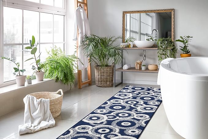 Custom Length Cut to Size Retro Modern Coastal Carpet Runner Rug for Hallways, Non Slip Rubber Backed, 31 inch Wide X Customized Length, Geo Blue, 31 inch X 12 feet
