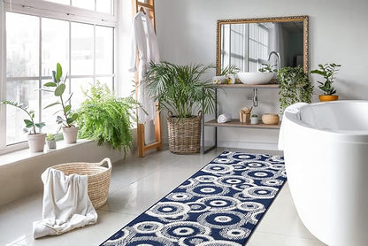 Custom Length Cut to Size Retro Modern Coastal Carpet Runner Rug for Hallways, Non Slip Rubber Backed, 31 inch Wide X Customized Length, Geo Blue, 31 inch X 12 feet