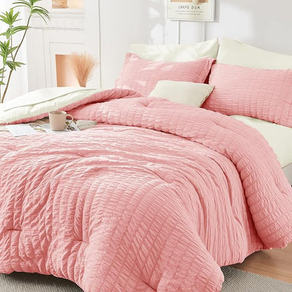 HYMOKEGE Pink/Ivory California King Comforter Set Seersucker 7 Pieces, All Season Luxury Bed in a Bag for Bedroom, Bedding Set with Comforter, Sheets, Pillowcases & Shams