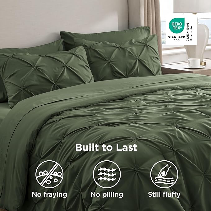 Bedsure Oversized Queen Comforter Set Olive Green - Bed in a Bag Bedding Set 7 PCS, GentleSoft™ Pintuck Bed Set Gift for Family, Pinch Pleat All Season Comforter with Sheets, Pillowcases & Shams