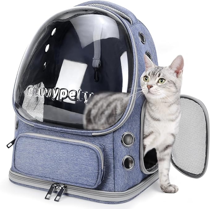 Cat Backpack Carrier, Breathable Cat Carrier Large Space Bubble Pet Backpack for Kitty Small Dog up to 12lbs, Transparent & Foldable Pet Carrier for Travel Hiking (Blue-Mewly Pet