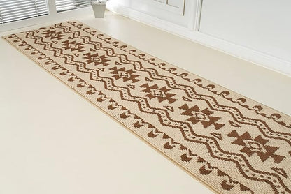 Custom Length Cut to Size Tribal Ethnic Southwestern Inspired Hallway Runner Rug, Non Slip Rubber Backed, 31 inch Wide X Customized Length, Aztec Beige, 31 inch X 16 feet