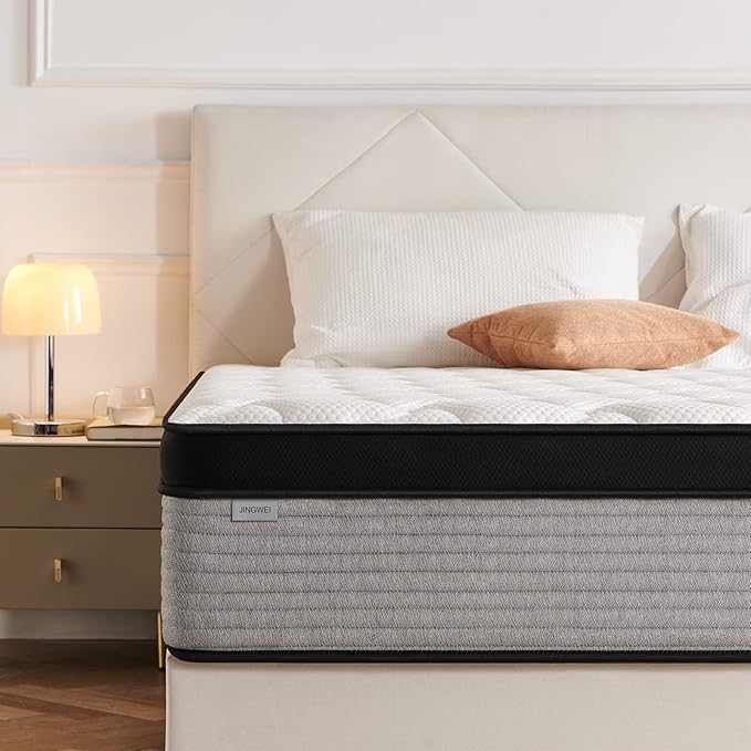 JINGWEI Queen Mattress, 10 Inch Innerspring Hybrid Mattress in a Box, Individually Pocket Coils,Queen Size Mattress