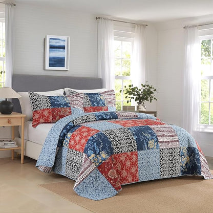 Secgo King Comforter Set for Bed - 100% Cotton Quilts Queen Size, Black Bedspreads (98 * 106 Inch) with 2 Pillow Shams, Patchwork Reversible Lightweight Bedding