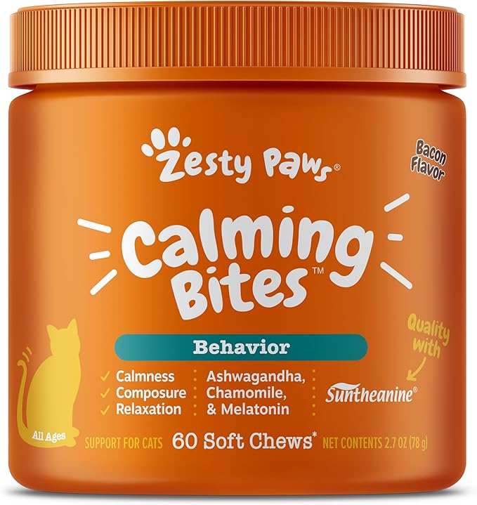 Zesty Paws Calming Chews for Cats - Composure & Relaxation for Everyday Stress & Separation - with Ashwagandha, Organic Chamomile, L-Theanine & L-Tryptophan – Bacon - 60 Count - Cat-Mewly Pet