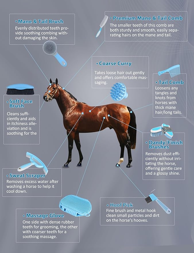 Harrison Howard Horse Grooming Kit 11-Piece Equine Care Series Horse Brush Sets with Organizer Tote Bag Tack Room Supplies Shedding Grooming Massaging Tools Blue Brushstroke Ponies-Mewly Pet