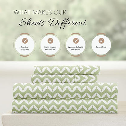 Linen Market 4 Piece King Sheet Set - Breathable, Double-Brushed Patterned Cooling Sheets – Oeko-TEX Certified Ultra Soft & Wrinkle-Free 16" Deep-Pocket King Sheets - Easy Care Puffed Chevron Sage