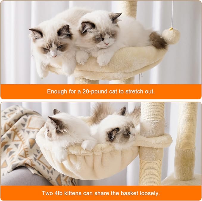 Heybly Cat Tree, 68 inch Multi-Level Cat Tower for Indoor Cats, 2 Widened Plush Perches Cat Condo with Scratching Board and Big Caves, Beige HCT025M-Mewly Pet
