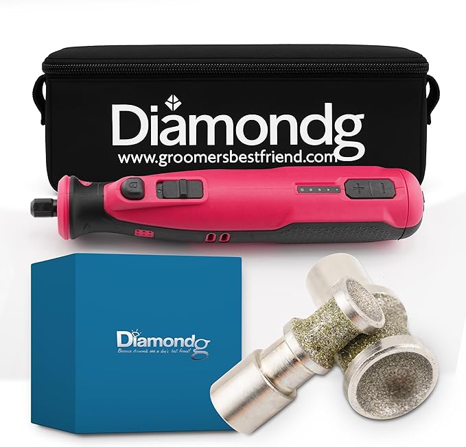 Diamondg Cordless Dog Nail Grinder with Quiet Sound & LED Tip for Large & Small Dogs, 4hrs. Runtime, 2 Bits Included, Pink-Mewly Pet