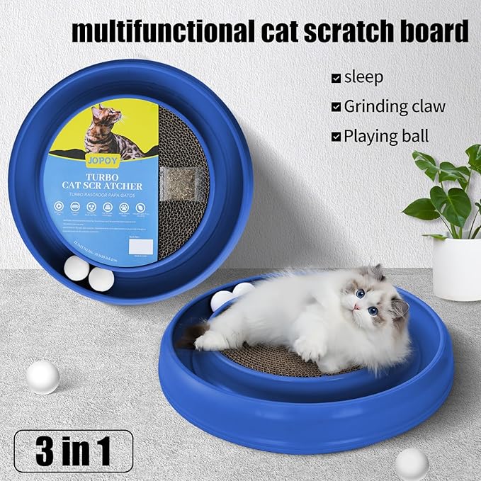 Interactive Cat Scratcher with Two Rotating Balls,Durable Scratch Pad for Indoor Play,Cardboard Cat Scratcher Pad with Cat Toy Ball Track and Catnip,2-in-1 Cat Toy (Blue)-Mewly Pet