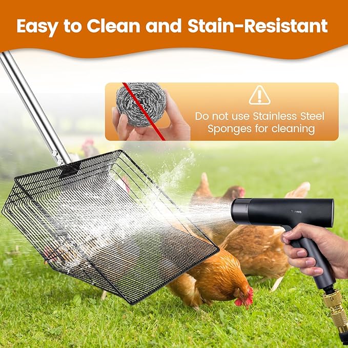 15 inch Extra Large Chicken Poop Scooper with Ergonomic Grip,5-in-1 Heavy Duty Adjustable Coop Scoop for Poop (24 to 68"), Stainless Steel Sifting Litter Shovel Scoop for Chicken Coop-Mewly Pet