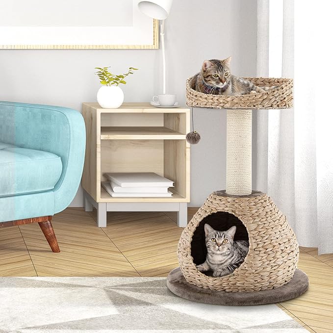 Tangkula Modern Cat Tree, Small Cat Tower with Natural Sisal Scratching Post, Hand-Made Wicker Cat Condo & Top Perch, Funny Hanging Toy Ball, Cute Cat Tree Tower for Indoor Cats-Mewly Pet