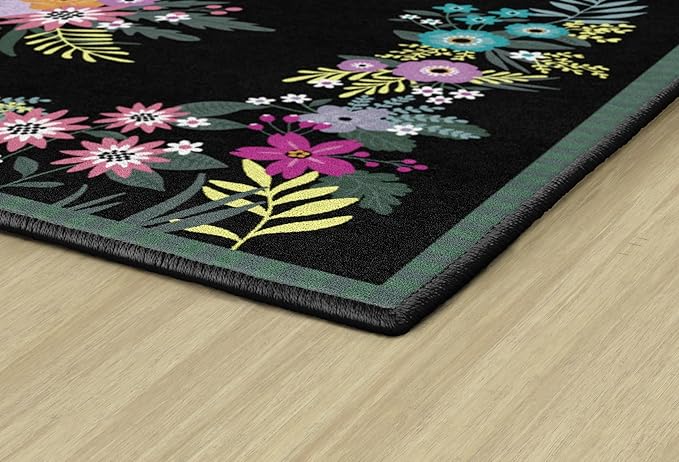 Flagship Carpets Schoolgirl Style Vintage Floral Educational Area Rug for Kids Room Seating Décor, Children's Classroom, Play Carpet for Teaching and Playroom, 7'6" x 12', Black & Multi