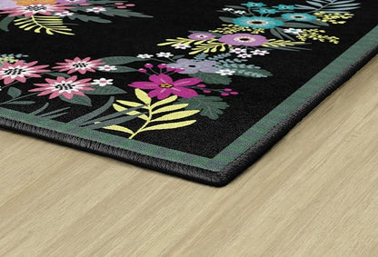 Flagship Carpets Schoolgirl Style Vintage Floral Educational Area Rug for Kids Room Seating Décor, Children's Classroom, Play Carpet for Teaching and Playroom, 7'6" x 12', Black & Multi