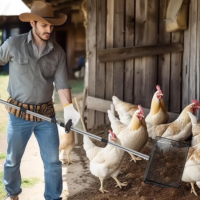 15-inch Large Chicken Poop Scooper, 5 in 1 Adjustable Chicken Coop Scoop with Ergonomic Grip, 24" to 77" Long Stainless Steel Sifting Litter Shovel Pooper Scooper Chicken Coop Accessories-Mewly Pet