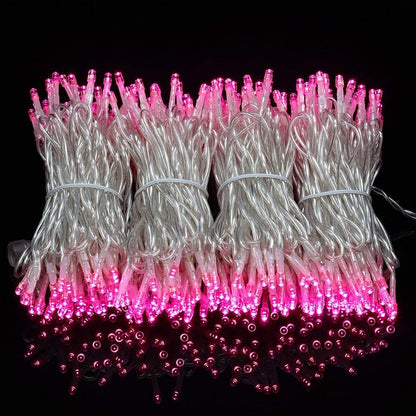 YULETIME 100 ft 300 Count Pink LED String Lights with 8 Models Adapter, Clear Wire Wide Angle 5mm Christmas Lights (Pink - Multimode)