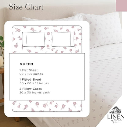 Linen Home 100% Cotton Printed Percale Sheets Queen Size, Deep Pocket, 4 Pieces Set - 1 Flat, 1 Deep Pocket Fitted Sheet and 2 Pillowcases, Crisp Cool and Strong Bed Linen, Mauve Silhouette Floral