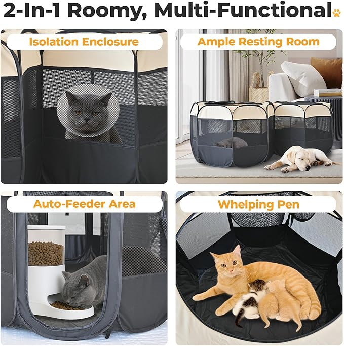 EighteenTek 2-in-1 Pop Up Cat Playpen, Assembly-Free Dog Puppy Pet Playpen, Indoor Outdoor Cats Enclosed, Cat Tent House Crate Cage, Portable & Foldable Playpen for Kittens(No Divider, Unified Space)-Mewly Pet