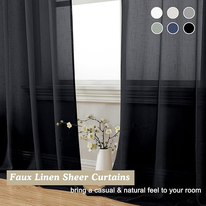 Aiyufeng Kirei Faux Linen Black Sheer Curtains 84 Inches Long 2 Panels, Light Filtering Slub Textured Breathable Rod Pocket Curtain Drapes for Farmhouse Living Room Bedroom, Each 40Wx84L Inch