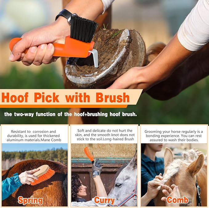 Abbylike 12 Pieces Horse Grooming Kit Racing Festival Tack Room Supplies Horse Brush Sets Equine Care Cleaning Kit Shedding Grooming Massaging Tools(Orange)-Mewly Pet