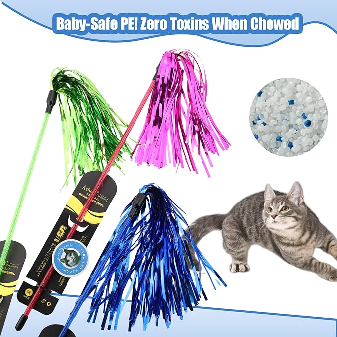 ADUCK Interactive Cat Teaser Wand Toy with Tassels - Durable Cat Chaser for Indoor Kitten Exercise, Boredom Relief & Training Play, Pack of 3 (Gold, Blue, Pink)-Mewly Pet