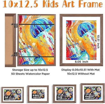 KINLINK 10x12.5 Kids Art Frames Set of 2, Solid Wood Kids Artwork Frames Changeable with Acrylic Front Opening Holds 150 Pictures, Art Frame for Kids Artwork with Mat or without Mat, Brown Wood