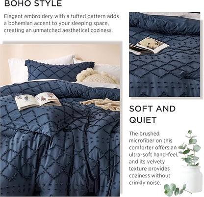 Bedsure Oversized King Comforter Set - Navy Blue Comforter, Boho Tufted Shabby Chic Bedding, 3 Pieces Vintage Farmhouse Bed Set for All Seasons, Fluffy Soft Bedding with 2 Pillow Shams