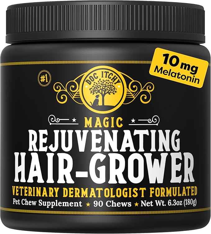 Doc Itchy Rejuvenating Hair-Grower Dog Pet Chews | 10mg Melatonin for Dogs | Hair Growth Booster | Senior Dog Energizer | Calming | Medical-Strength | Food Allergy Safe | Vegan | 90 Count-Mewly Pet