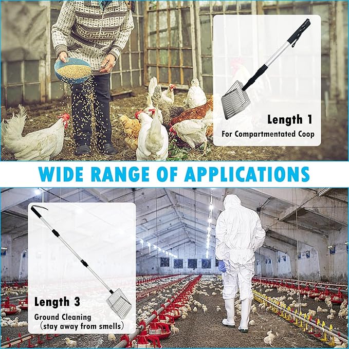 PINVNBY Stainless Steel Chicken Poop Scooper 3 in 1 Adjustable Long Handle Poop Scooper for Chicken(21.8" to 38.6") Multifunctional Chicken Coop Cleaning Tools Sifting Shovel Chicken Coop Accessories-Mewly Pet