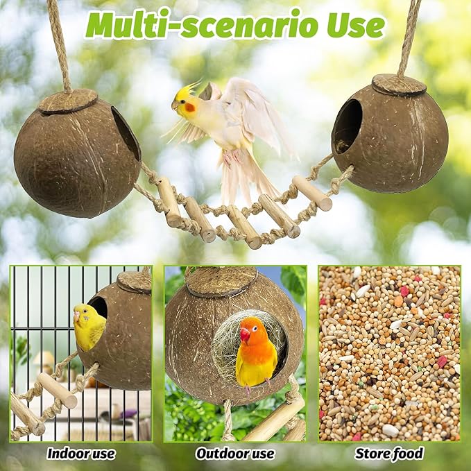 kathson 5Pcs Bird Coconut House with Ladder Parakeet Coconut Nest for Cages Parrot Hut Hanging Natural Coconut Fiber Conure Chewing Toys for Cockatiel Budgie Lovebird Cockatoos-Mewly Pet