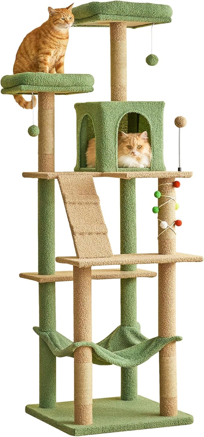 MWPO 70.1-Inch Green Large Cat Tree, Multi-Level Tall Cat Tower for Indoor Cats, Plush Cat Condo with Big Padded Perches, Sisal-Covered Scratching Posts, Hammock, Toys for Kittens & Cats-Mewly Pet