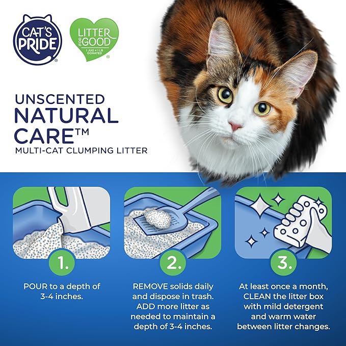 Cat's Pride Max Power: Natural Care - Up to 10 Days of Powerful Odor Control - 100% Natural Odor Elimination - Hypoallergenic - 99% Dust Free - Multi-Cat Clumping Litter, Unscented, 15 Pounds-Mewly Pet